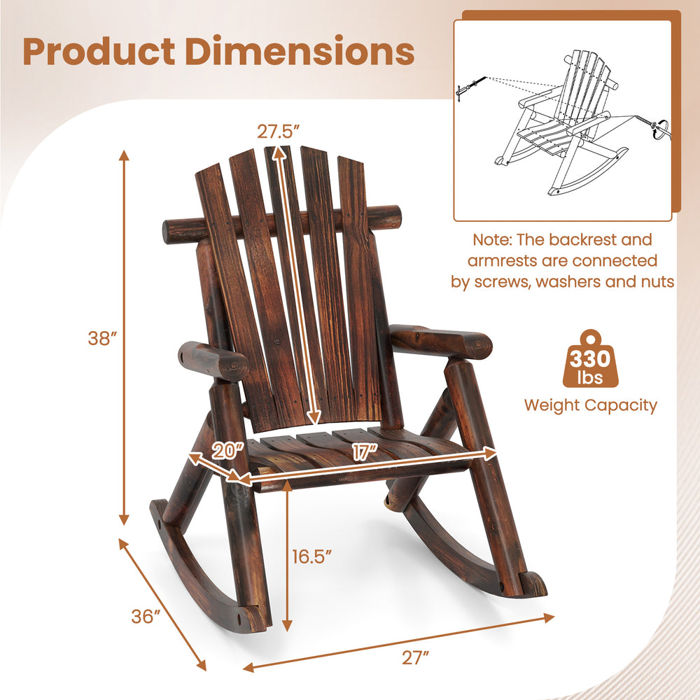 Adirondack rocking chair in brown, made of solid wood, featuring ergonomic design and slatted surface for outdoor.