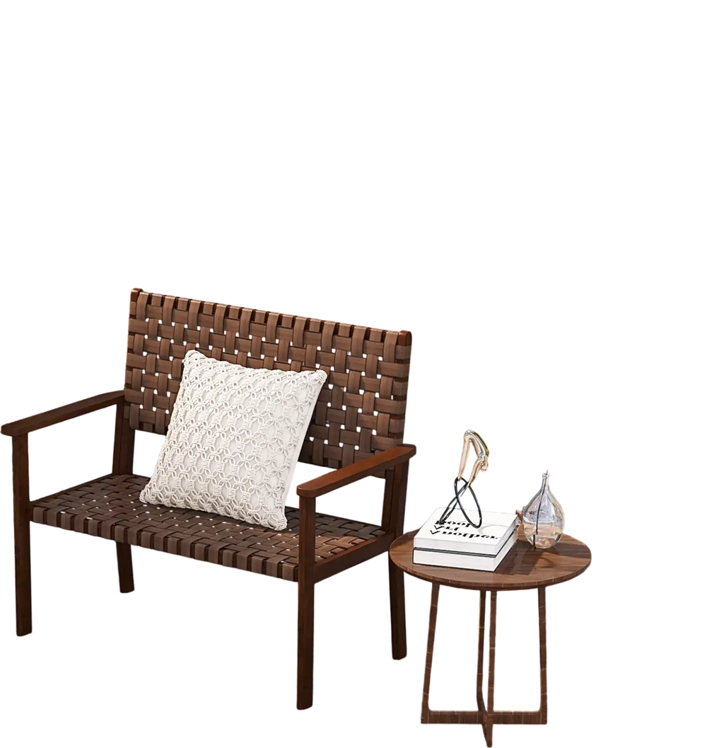 Outdoor all-weather bench with hand-woven PU leather in brown, featuring a solid rubber wood frame, perfect for patio.