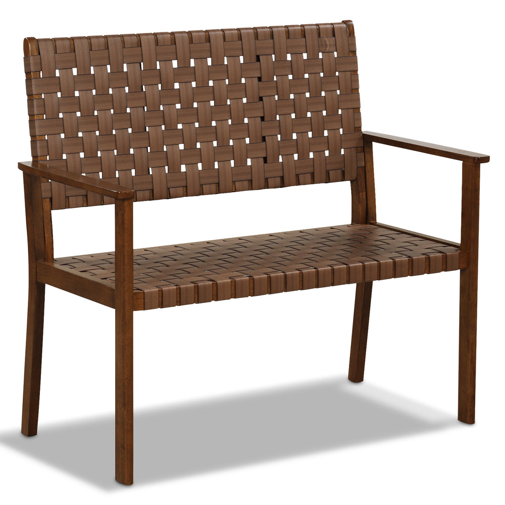 Hand-woven PU leather outdoor bench with solid rubber wood frame, ideal for patio or poolside seating for two.