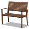 Outdoor all-weather bench with solid rubber wood frame and hand-woven PU leather, perfect for patio or poolside use.