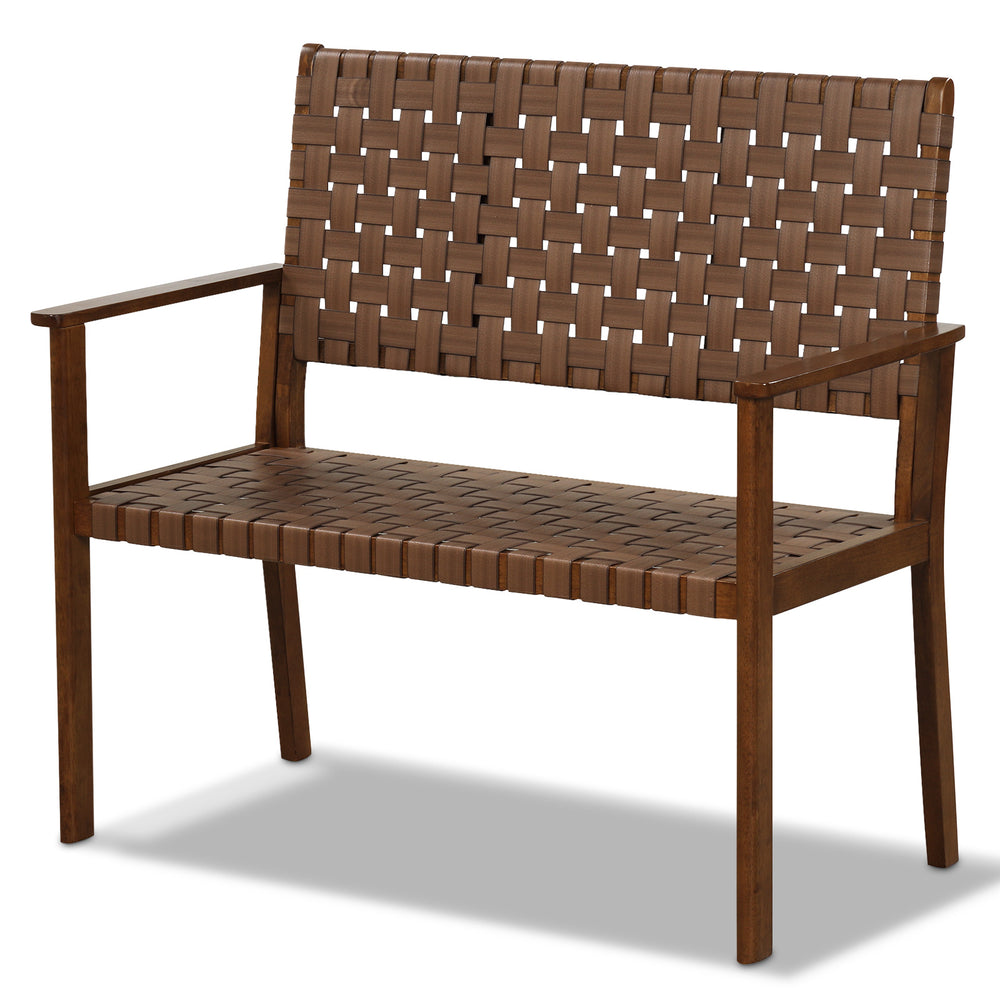 Outdoor all-weather bench with solid rubber wood frame and hand-woven PU leather, perfect for patio or poolside use.