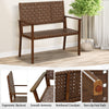 Outdoor all-weather bench with hand-woven PU leather and solid rubber wood frame, ideal for patio or poolside use.