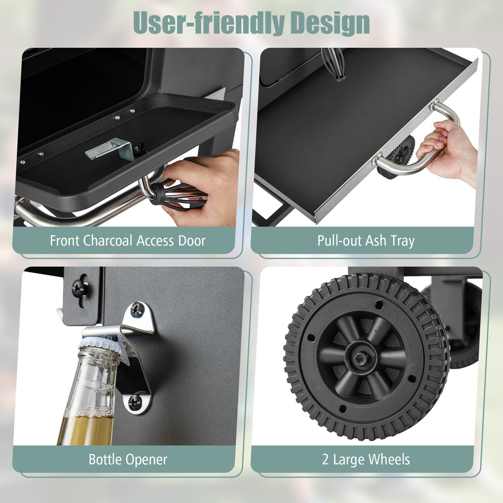 Front charcoal access door and pull-out ash tray of the outdoor BBQ charcoal grill with wheels for easy use.