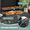 Extra large cooking area of the outdoor BBQ charcoal grill with warming rack, featuring foldable side tables and wheels.