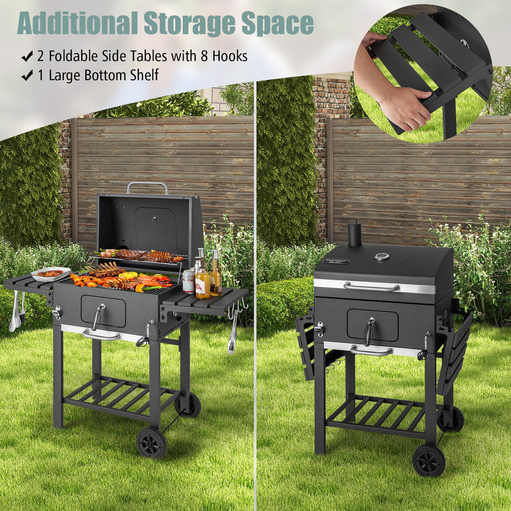 Outdoor BBQ charcoal grill with 2 foldable side tables, 8 hooks, and large bottom shelf for convenient grilling.