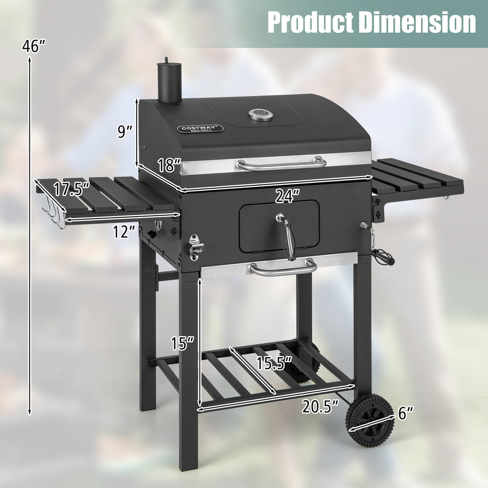 Dimensions of the Outdoor BBQ Charcoal Grill with foldable side tables and wheels for easy transport and grilling.