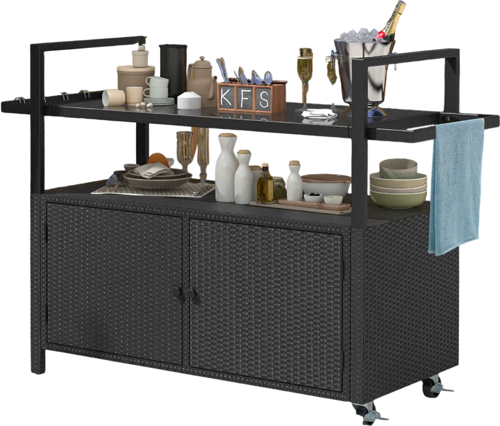 Outdoor wicker bar cart with black finish, tempered glass top, and 8 hooks, perfect for BBQ parties and outdoor.