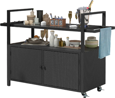 Costway Outdoor Wicker Bar Cart Buffet Serving Cart Cabinet 8 Hooks Black 79283514 New