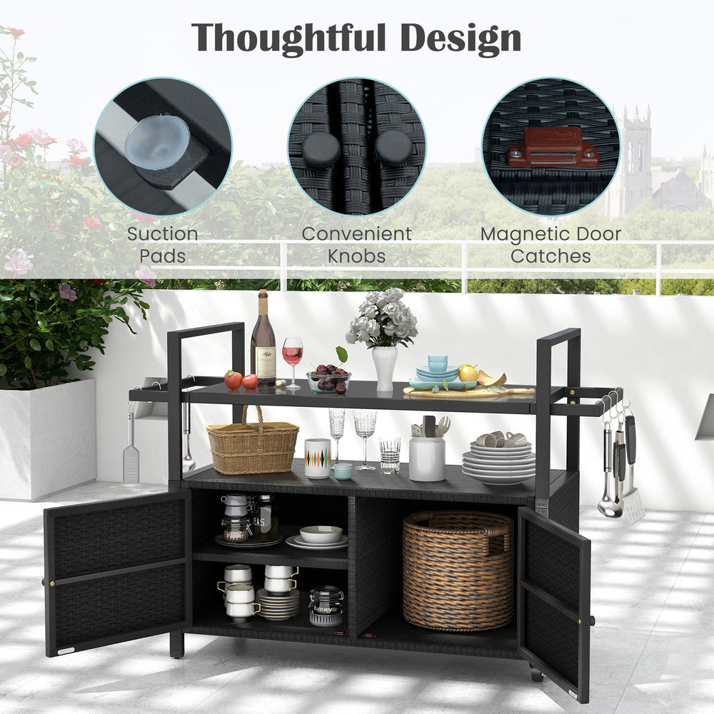 Outdoor bar cart with black hand-woven PE rattan, tempered glass top, and 8 hooks for versatile storage at BBQ parties.