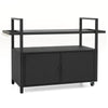 Outdoor bar cart in black with tempered glass top, PE rattan storage, and 8 hooks, perfect for buffets and BBQ parties.