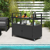 Outdoor bar cart with black hand-woven PE rattan, tempered glass top, and storage cabinet, ideal for BBQ parties.