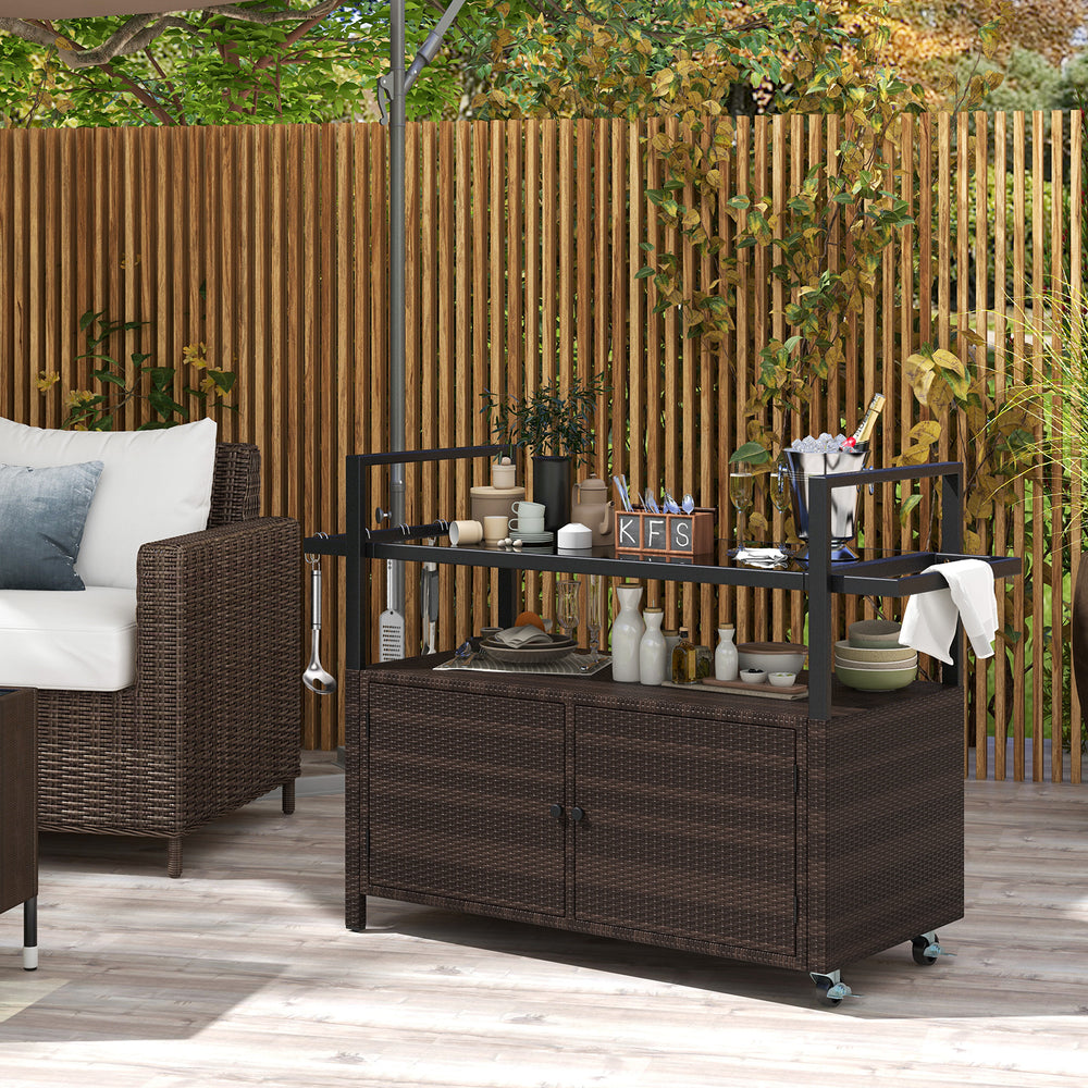 Outdoor Bar Cart Wicker Buffet Serving Cart with Cabinet and 8 Hooks-Brown - Gallery View 1 of 10
