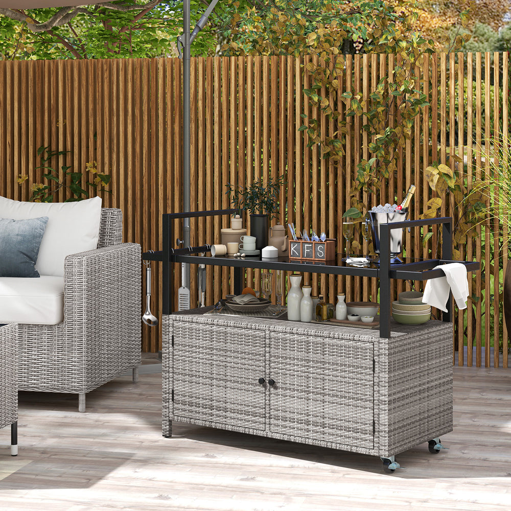 Outdoor Bar Cart Wicker Buffet Serving Cart with Cabinet and 8 Hooks-Gray - Gallery View 1 of 10