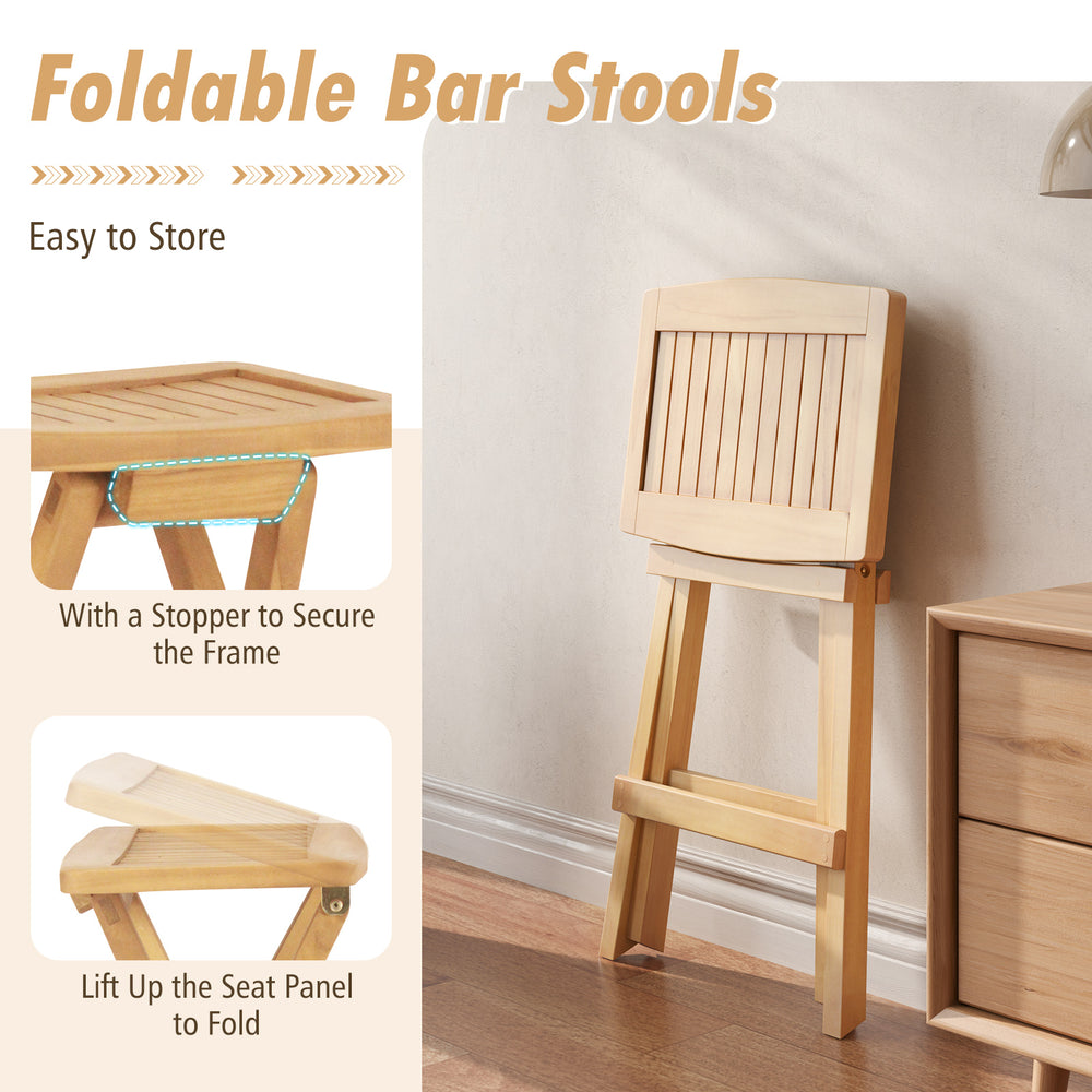 Folding teak wood bar stool with ergonomic saddle seat and x-shaped frame, ideal for outdoor storage and comfort.