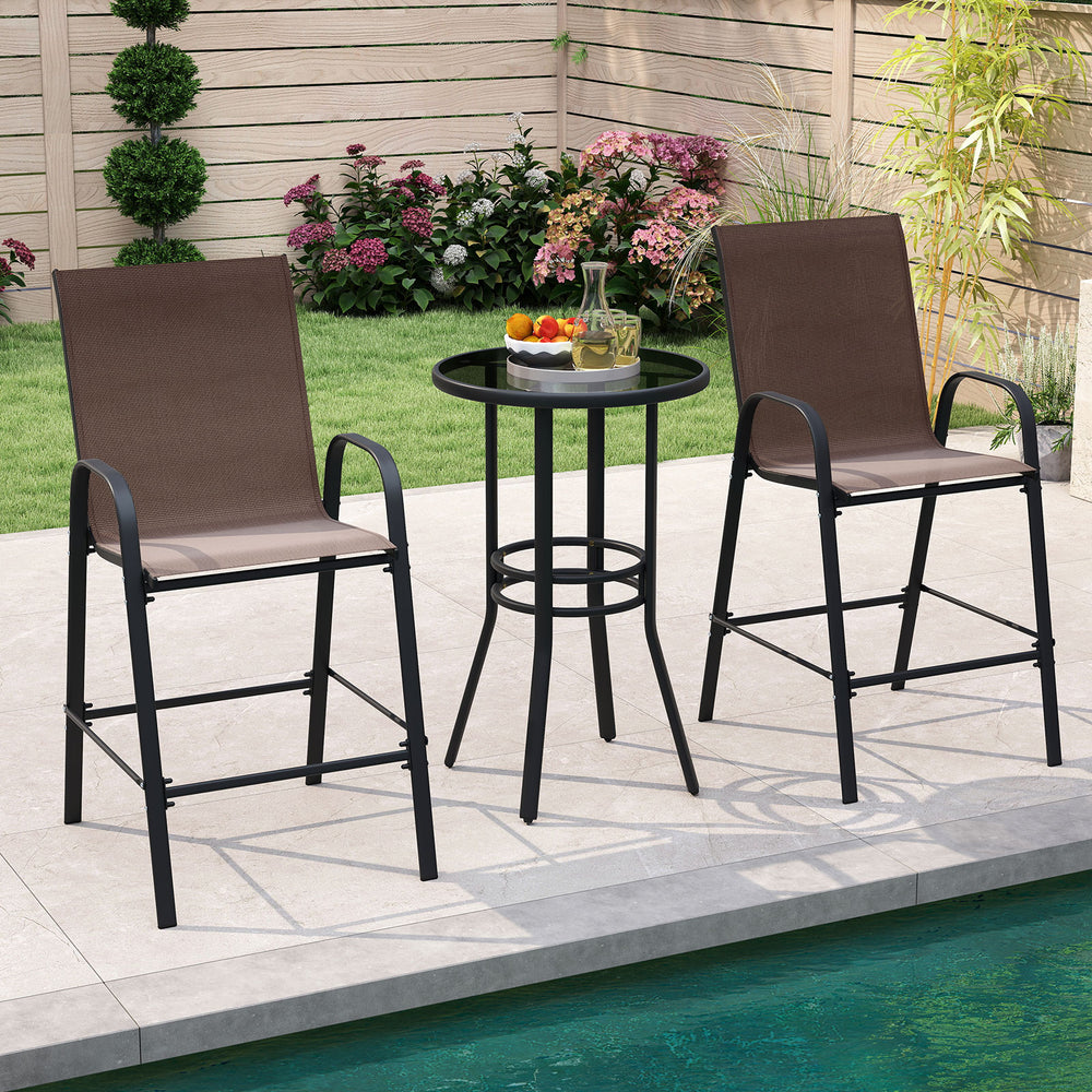 Outdoor Bar Stools Set of 2 29 Inch Fabric Bar Height Stools with Armrests-Brown - Gallery View 1 of 10