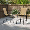 Set of 2 outdoor bar stools with beige fabric, armrests, and sturdy metal frame, ideal for patio and garden use.