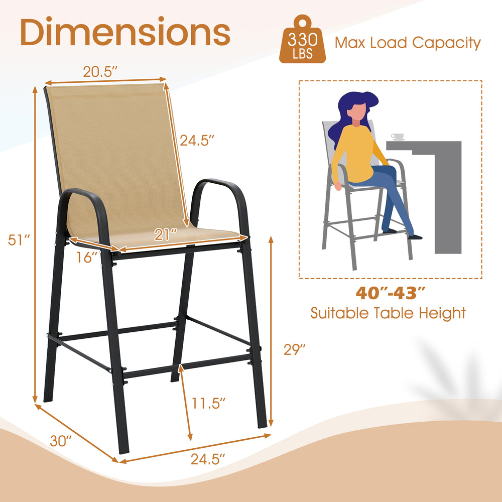 Beige outdoor bar stool with armrests, 29-inch height, designed for comfort and stability, ideal for patios and gardens.