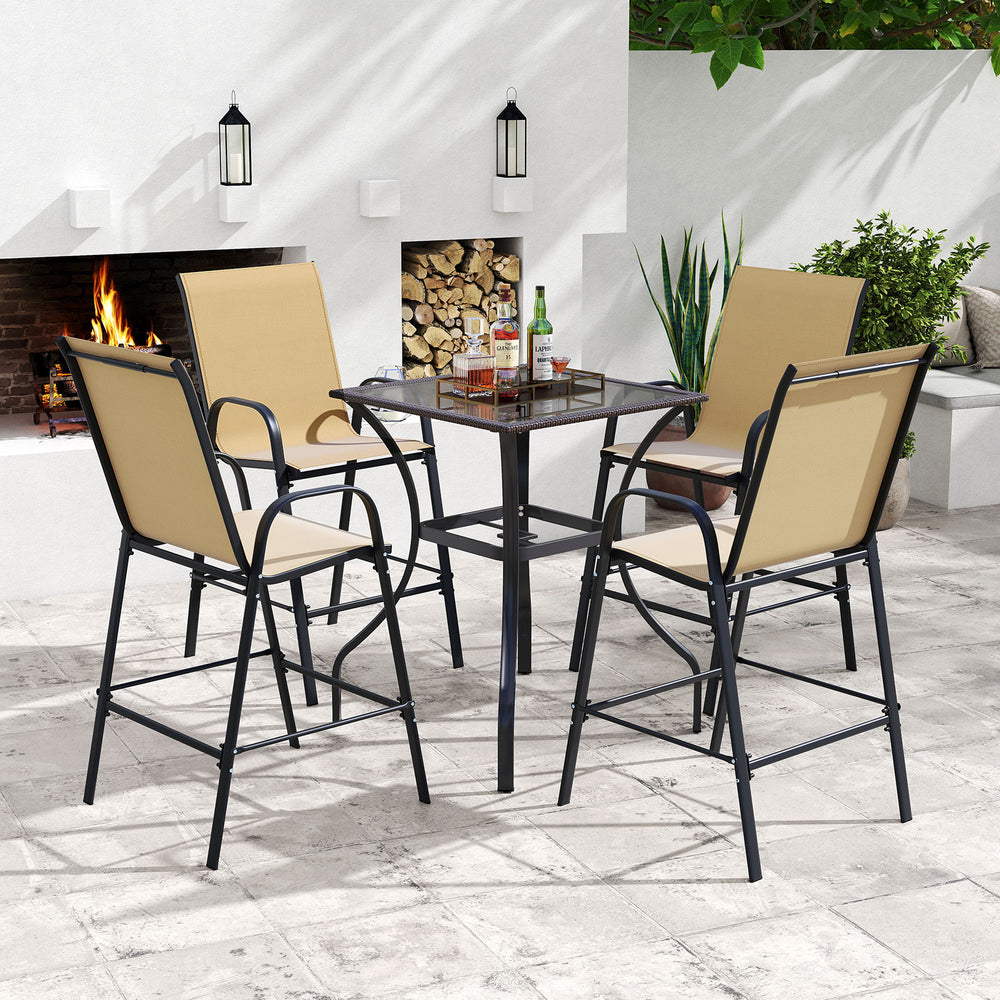 Beige outdoor bar stools set of 2 with armrests and a sturdy metal frame, ideal for patios and gardens.