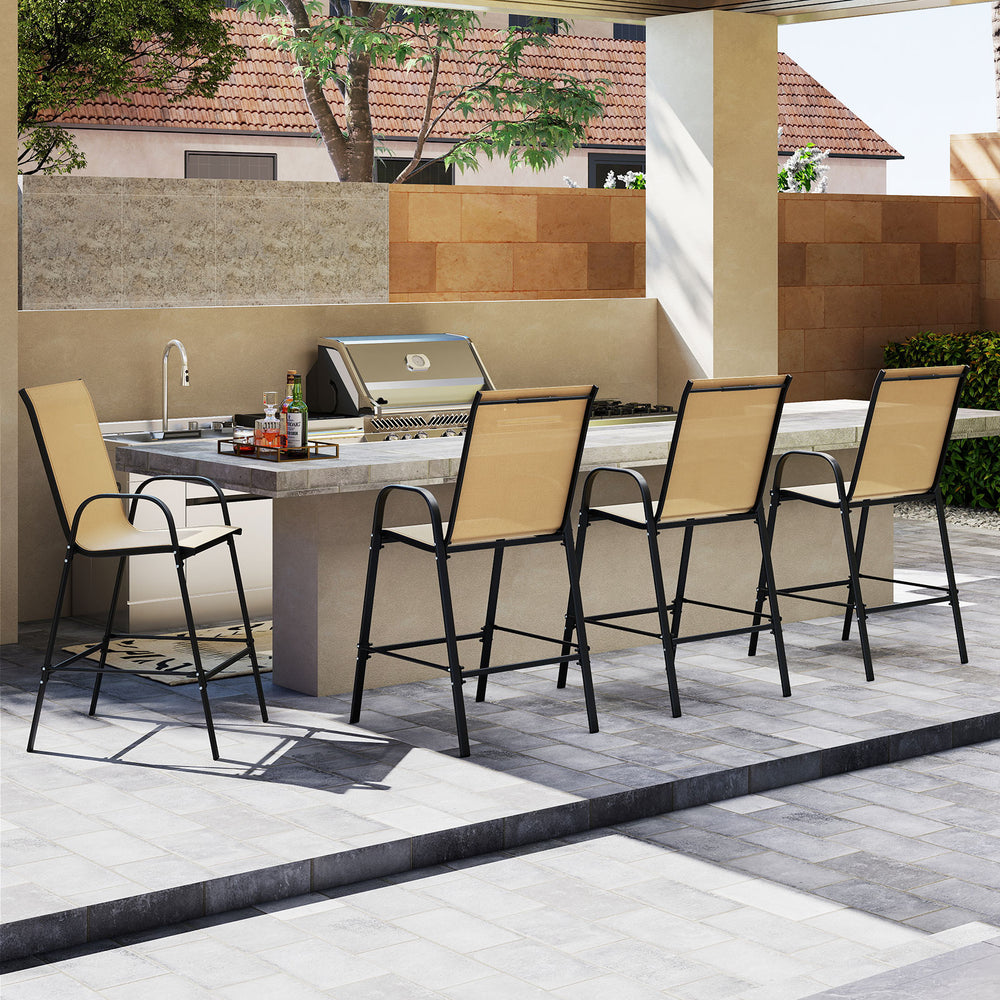 Set of two 29-inch outdoor bar stools with armrests in beige, featuring a heavy-duty metal frame for patio relaxation.