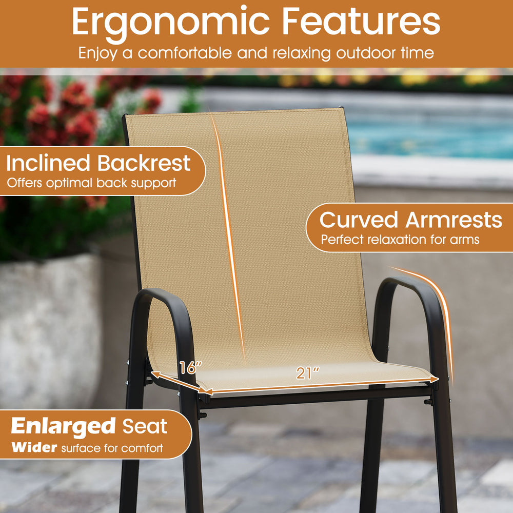 Outdoor bar stool set featuring an inclined backrest, curved armrests, and an enlarged seat for optimal comfort.
