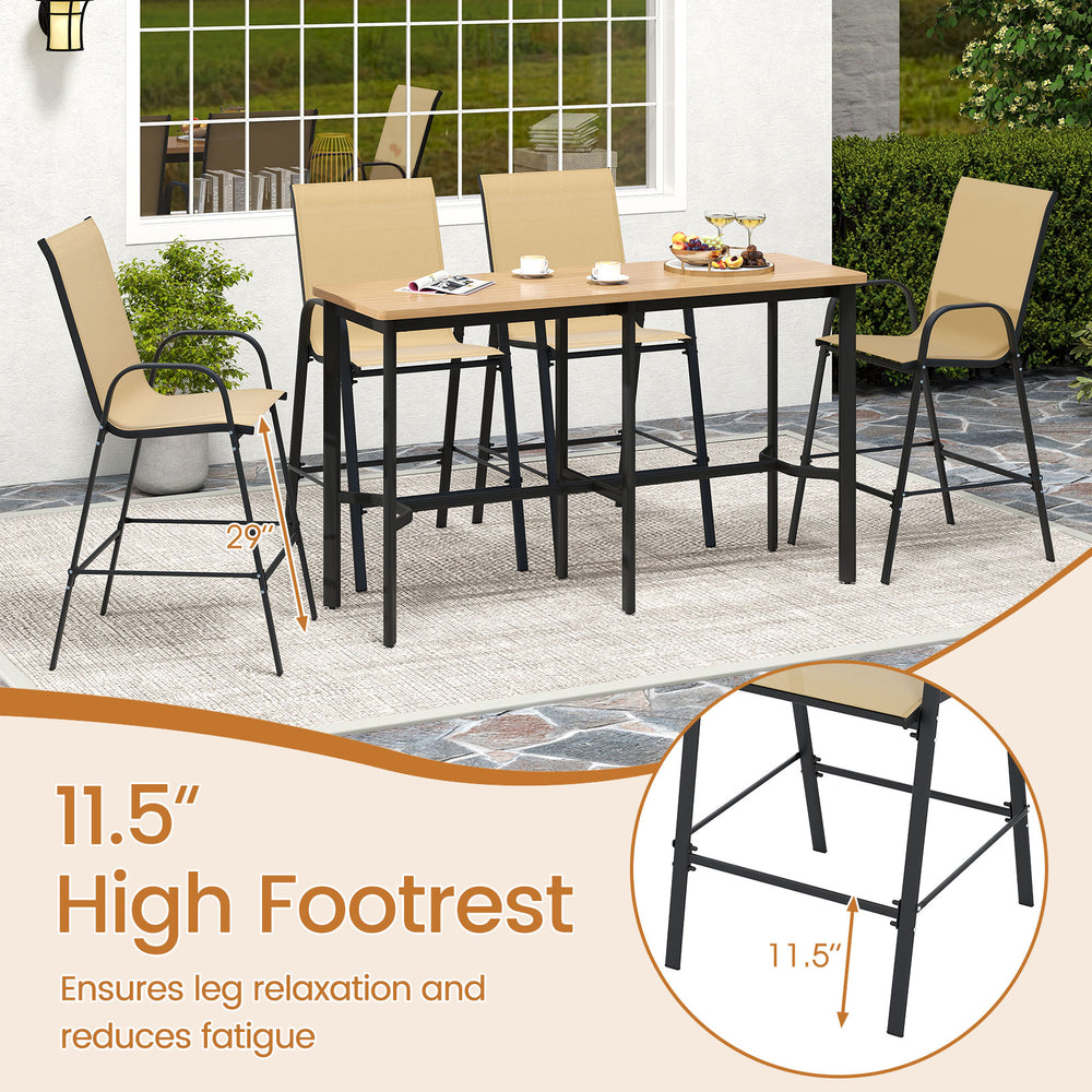 Beige outdoor bar stools set of 2 with armrests and 11.5" high footrest for comfort and relaxation on patios or decks.