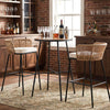 Round 41" outdoor bar table with acacia wood top and metal frame, perfect for patio or balcony seating for 2-3 people.