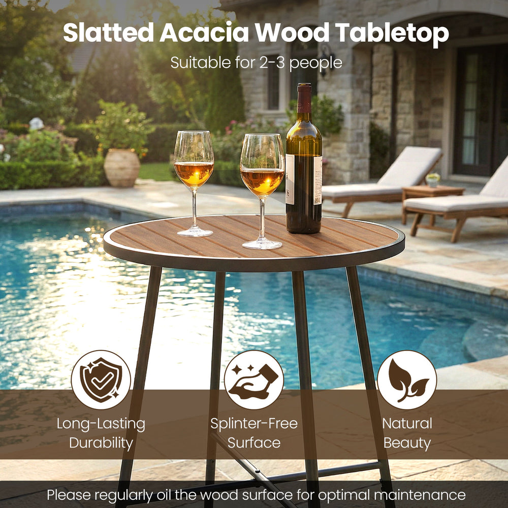 Round outdoor bar table with slatted acacia wood top, 41" height, suitable for 2-3 people, perfect for patio use.