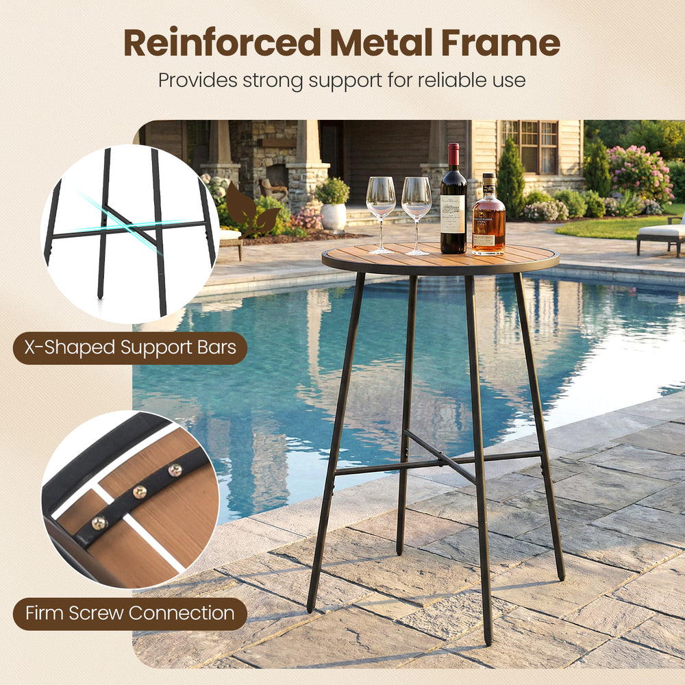 Round 41-inch outdoor bar table with acacia wood top and metal frame, ideal for patios and balconies, featuring.