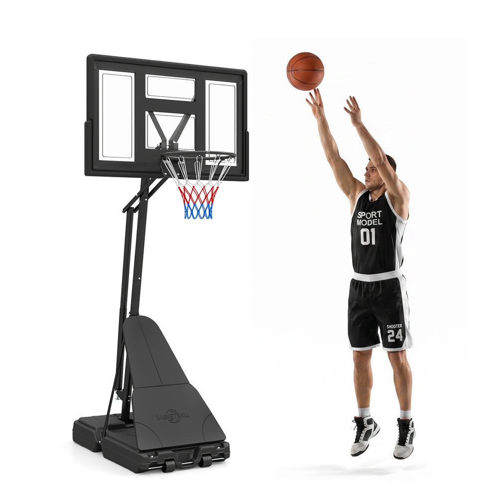 Height adjustable basketball goal system, 7.7-10 ft, with shatterproof backboard and portable design for easy play.