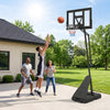 Height adjustable basketball goal system with shatterproof backboard, set at 10 ft for outdoor play and stability.
