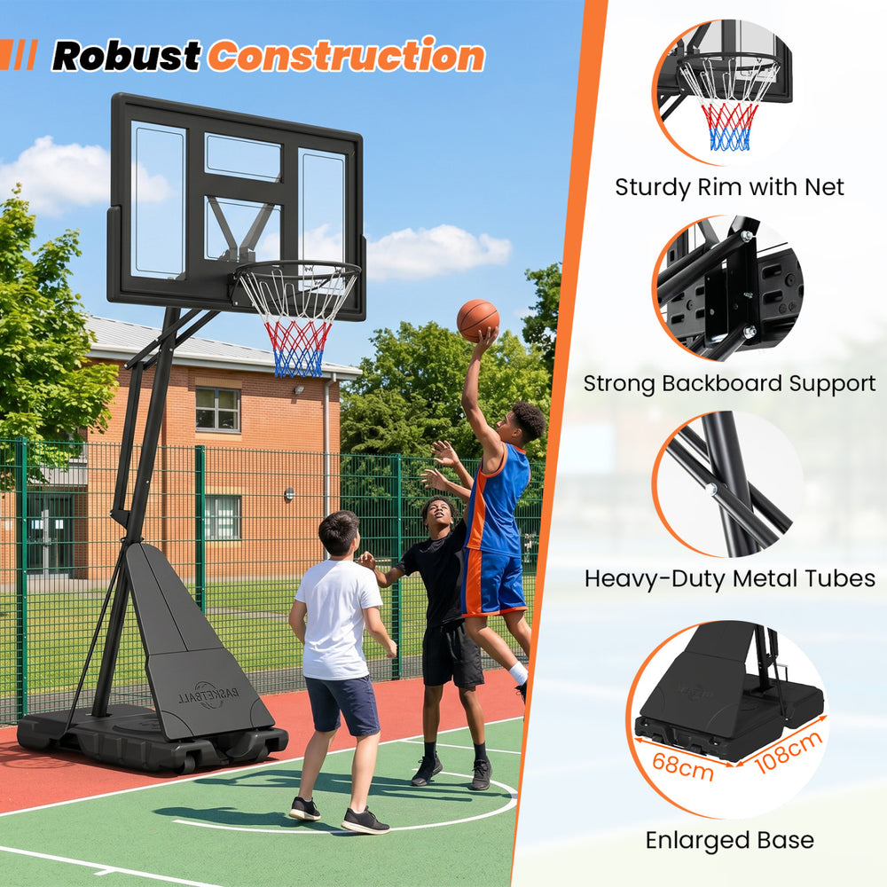 Height adjustable basketball goal system with sturdy rim, shatterproof backboard, and heavy-duty metal tubes for.