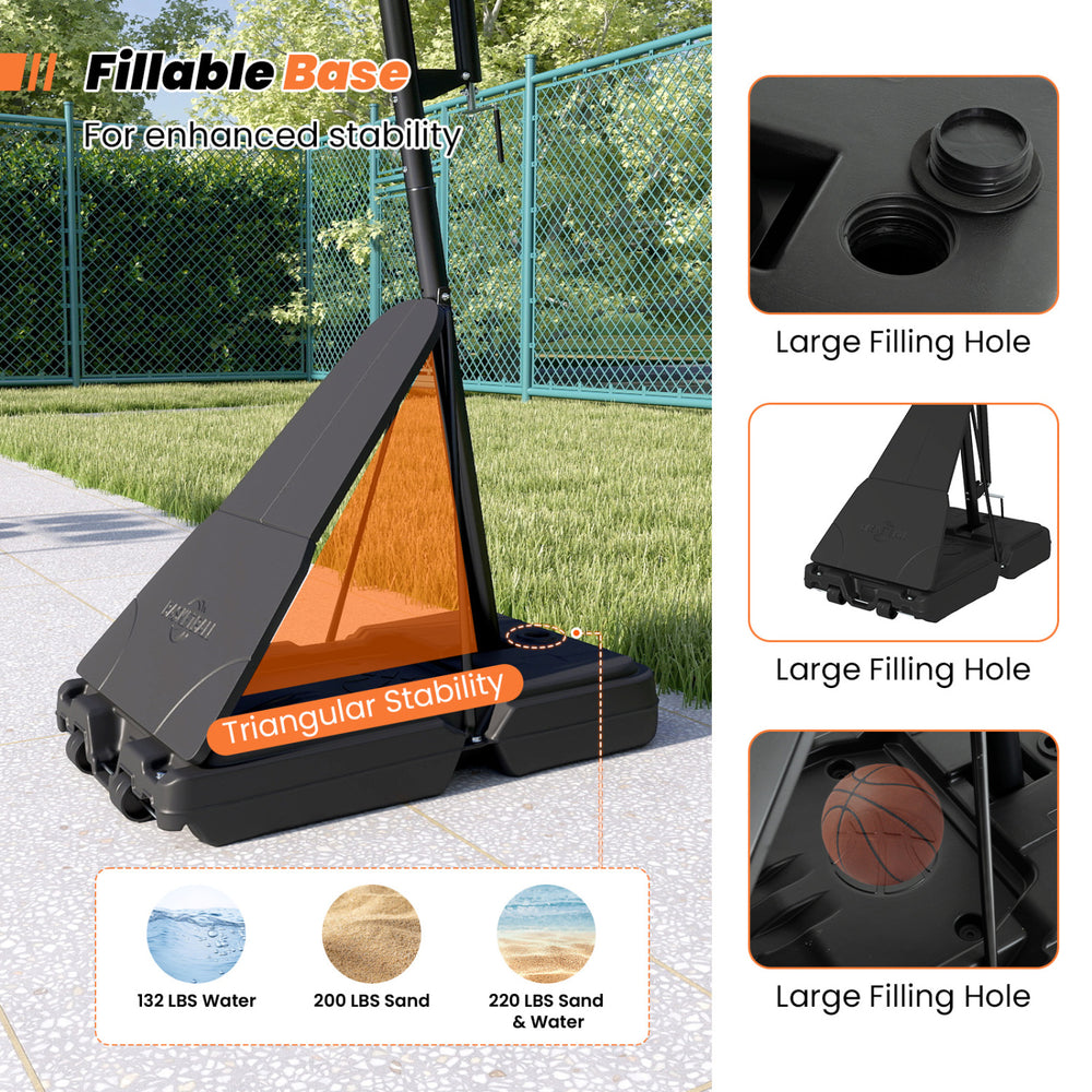 Triangular base with large filling holes for sand or water, enhancing stability for the adjustable basketball goal.