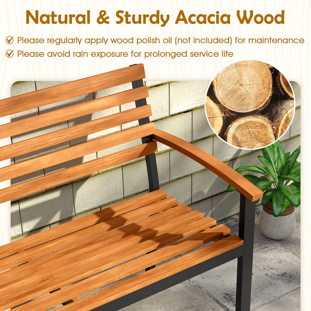 Acacia wood outdoor bench with backrest and armrests, perfect for patio seating and designed for stability and comfort.