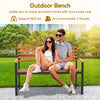 Outdoor bench made of acacia wood with armrests, supporting 800 lbs, perfect for patio relaxation for 2 people.