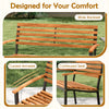 Acacia wood outdoor bench with wide backrest, curved armrests, and contoured seat, ideal for patio relaxation.