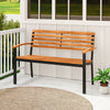 Acacia wood outdoor bench with backrest and armrests, featuring a sturdy metal frame, ideal for patio relaxation.
