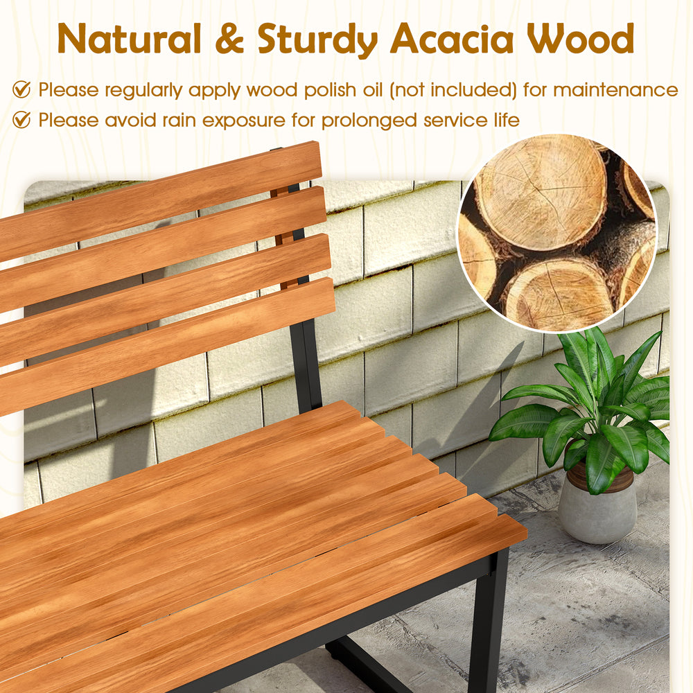 Acacia wood outdoor bench with backrest, sturdy metal frame, perfect for patio or garden seating for two.