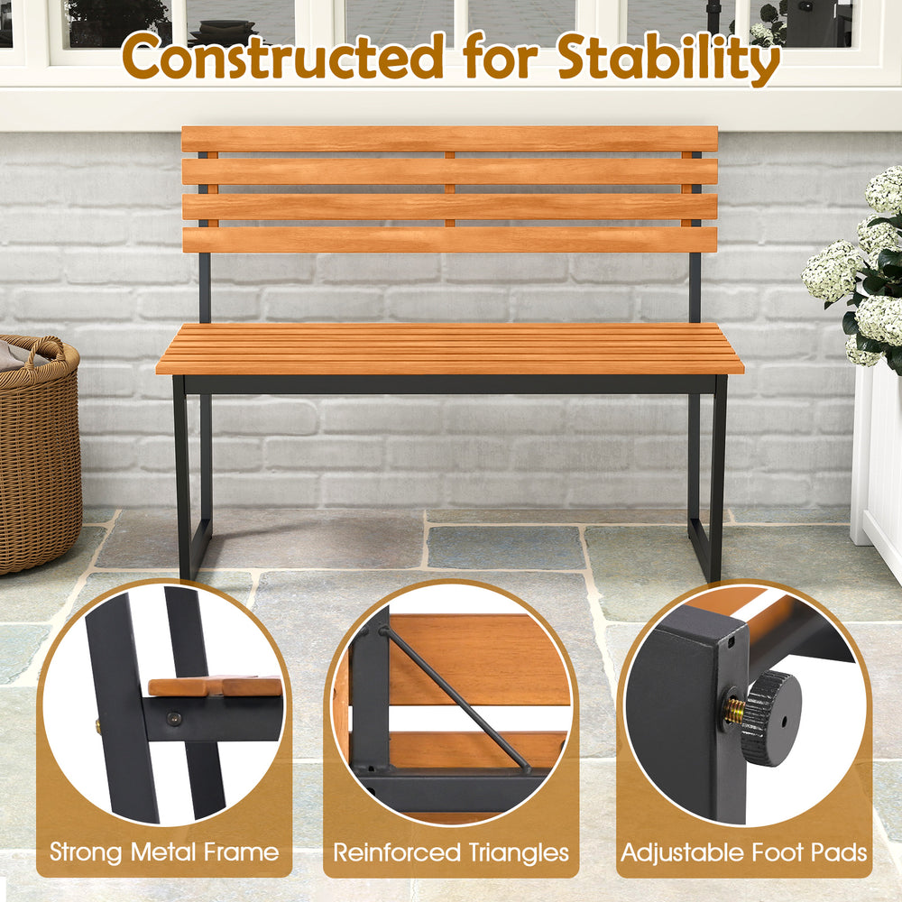 Outdoor bench featuring acacia wood seat and backrest, strong metal frame, ideal for patio or garden seating.