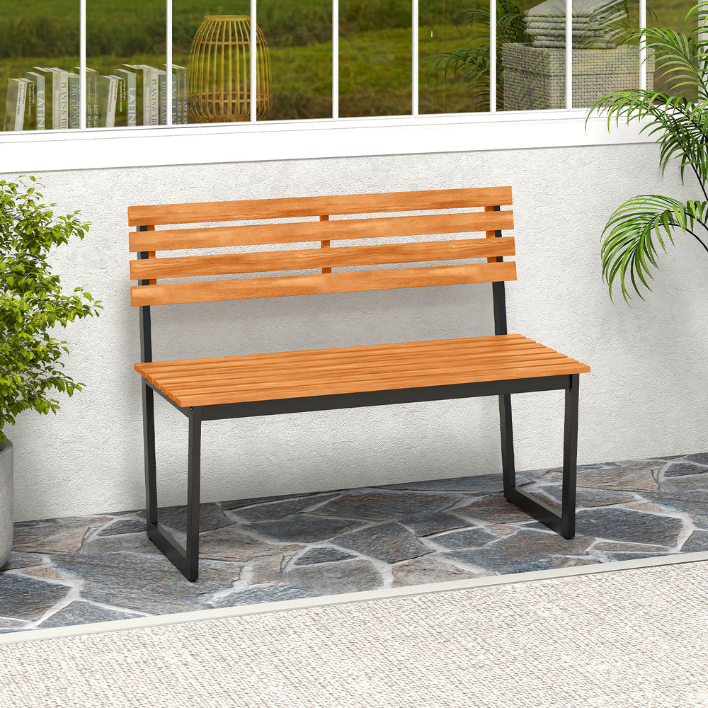 Acacia wood outdoor bench with backrest and heavy-duty metal frame, ideal for patio or garden seating for two.