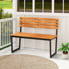 Acacia wood outdoor bench with backrest and sturdy metal frame, ideal for patio or garden seating for two.