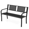 Black metal outdoor loveseat bench with ergonomic seat and curved armrests, suitable for 2-3 people in garden or patio.