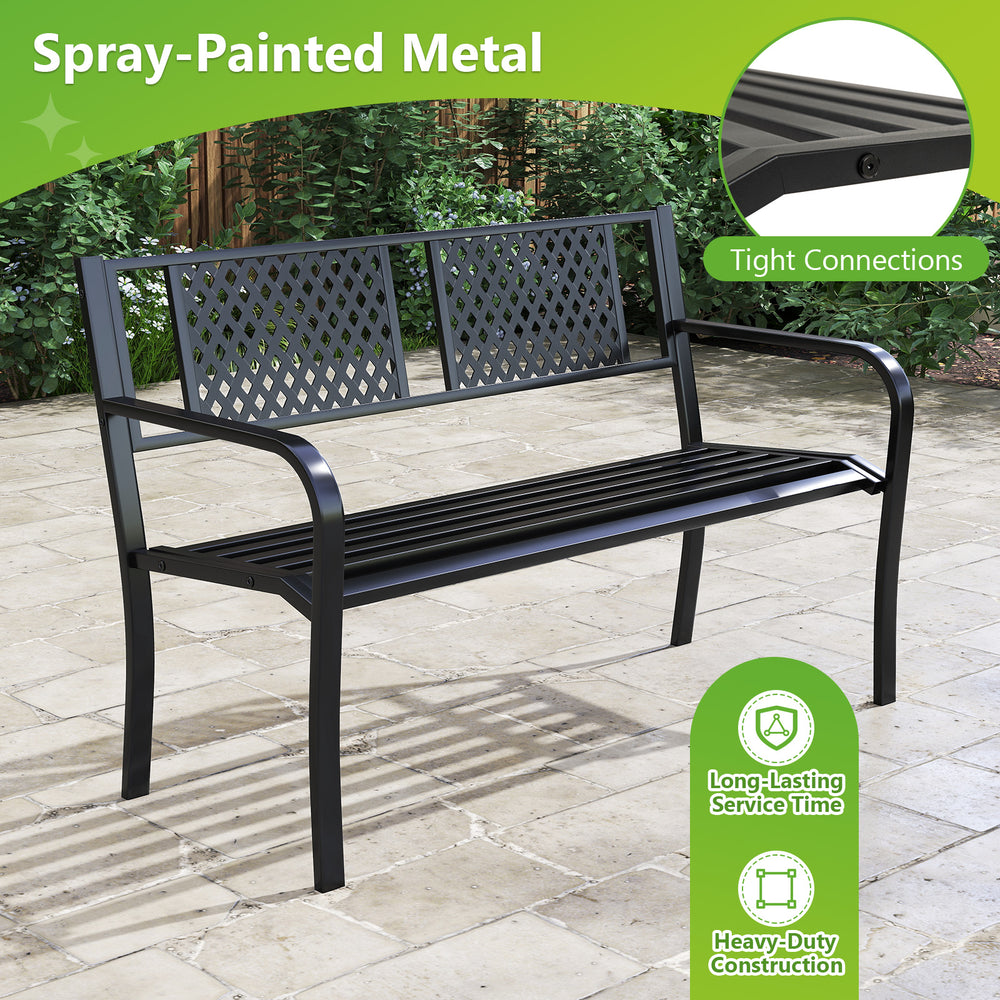 Black outdoor metal loveseat bench with ergonomic seat and backrest, suitable for 2-3 people, ideal for patios and.
