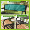 Curved armrests and patterned backrest of the black metal outdoor bench, designed for 2-3 people, perfect for patios.