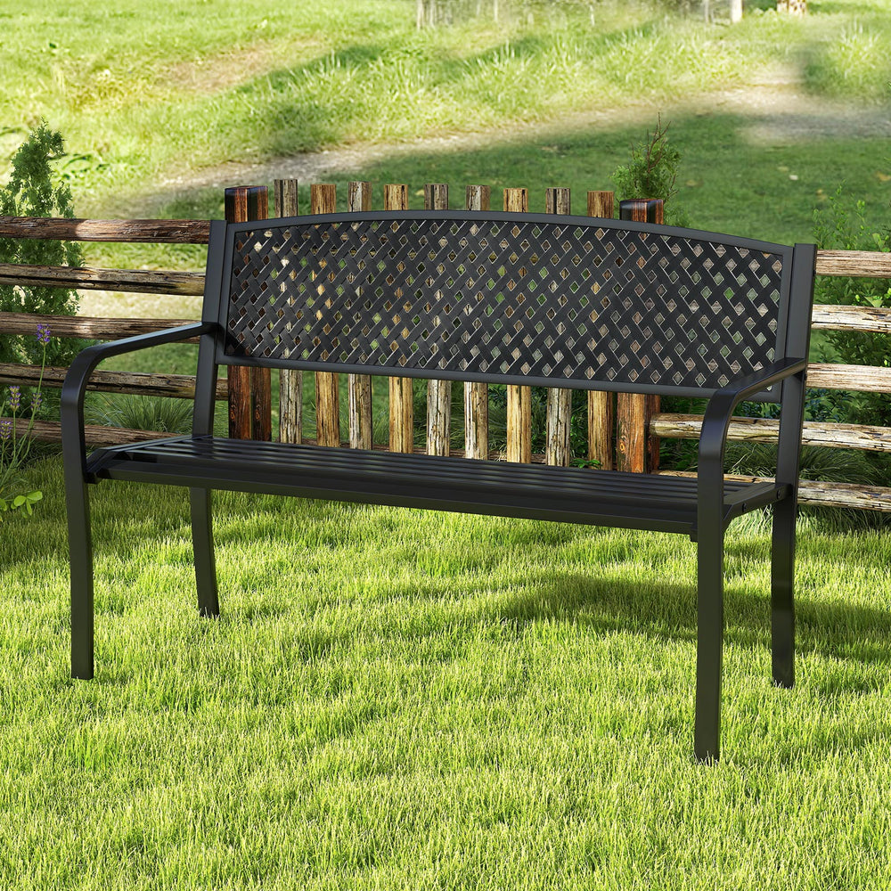 Black metal outdoor bench with high back, ergonomic seat, and curved armrests for 2-3 people in a garden setting.