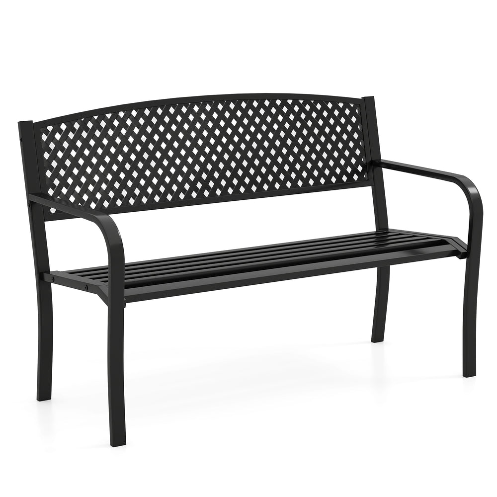 Black metal outdoor bench with high back, ergonomic seat, and curved armrests for 2-3 persons, ideal for patios and.