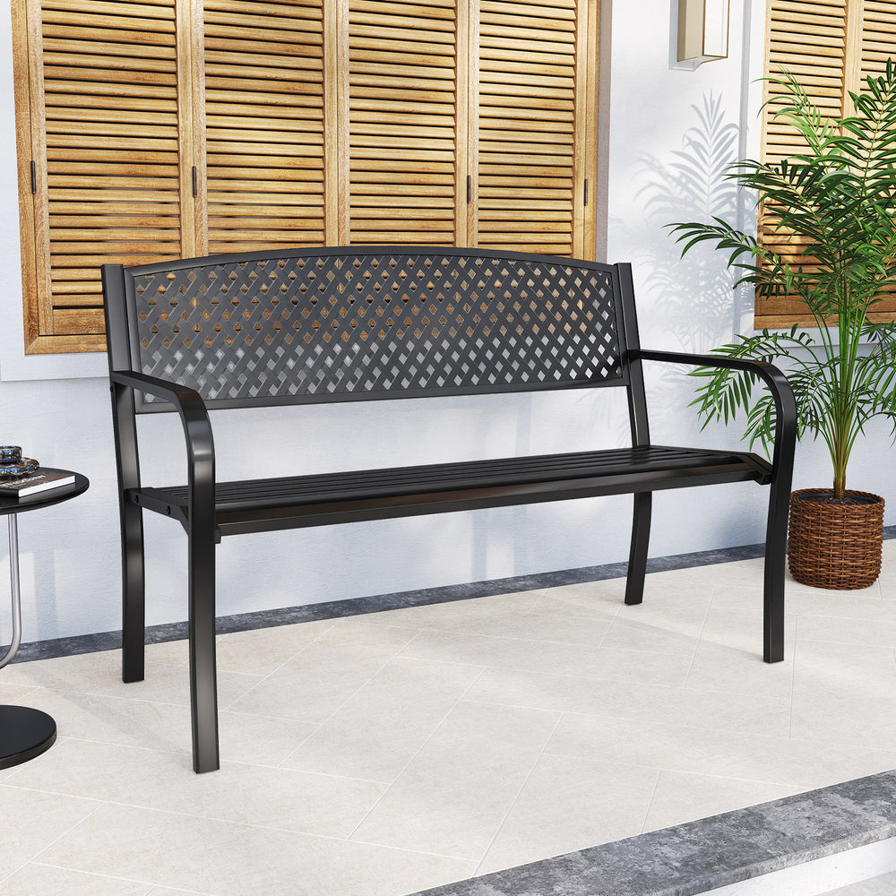 Black metal outdoor bench with high back, seating 2-3 people, perfect for garden or patio relaxation.