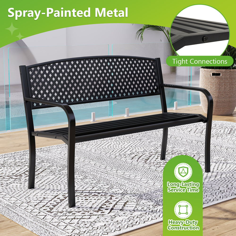 Black metal outdoor bench with high back, ergonomic seat, and curved armrests for 2-3 people, ideal for patio use.