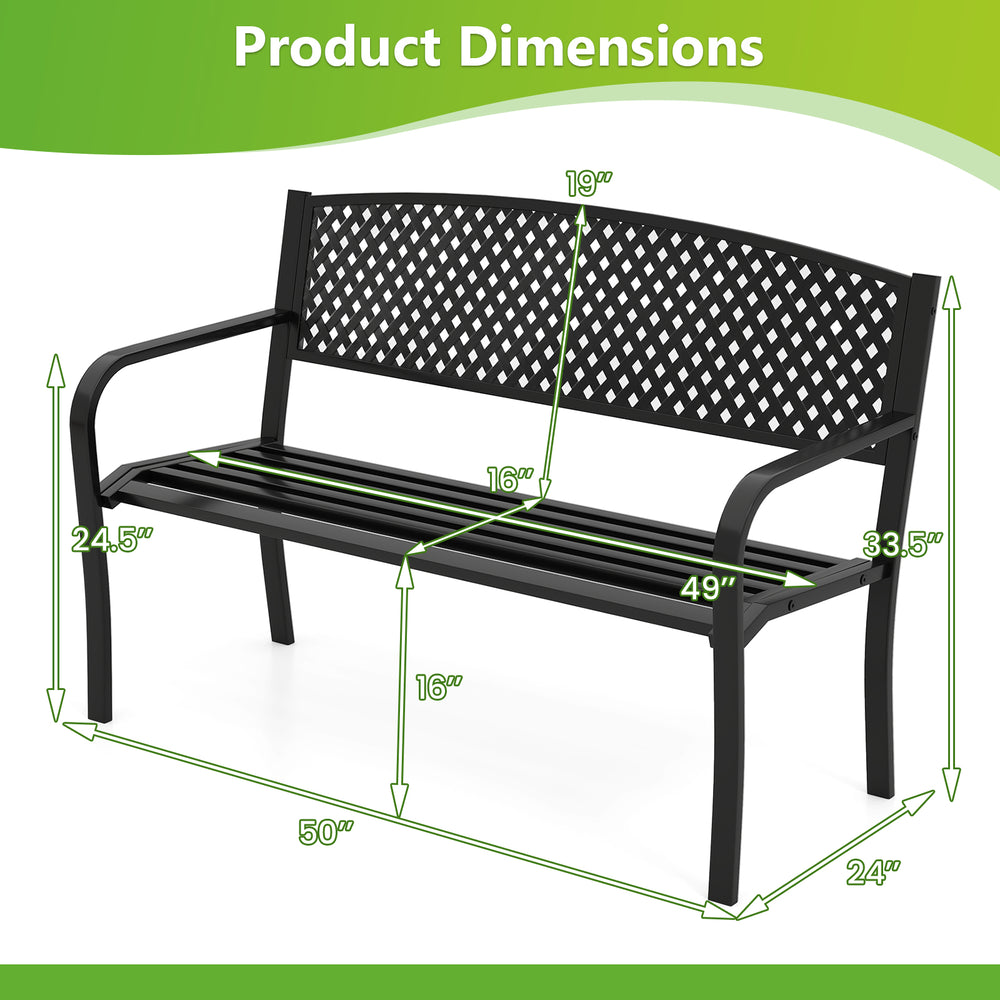 Metal outdoor bench dimensions showing a black high back design, suitable for 2-3 people, ideal for patios and gardens.