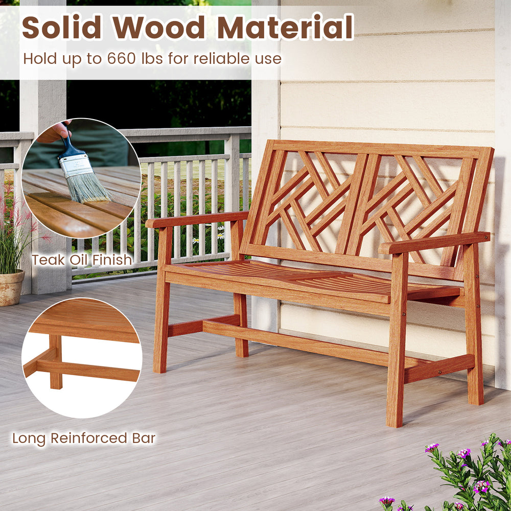 Outdoor bench for 2 with geometric backrest, made of solid wood, holds up to 660 lbs, ideal for patio or backyard use.