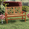 Wooden outdoor bench for two with geometric backrest, durable hardwood, ideal for patio or backyard relaxation.